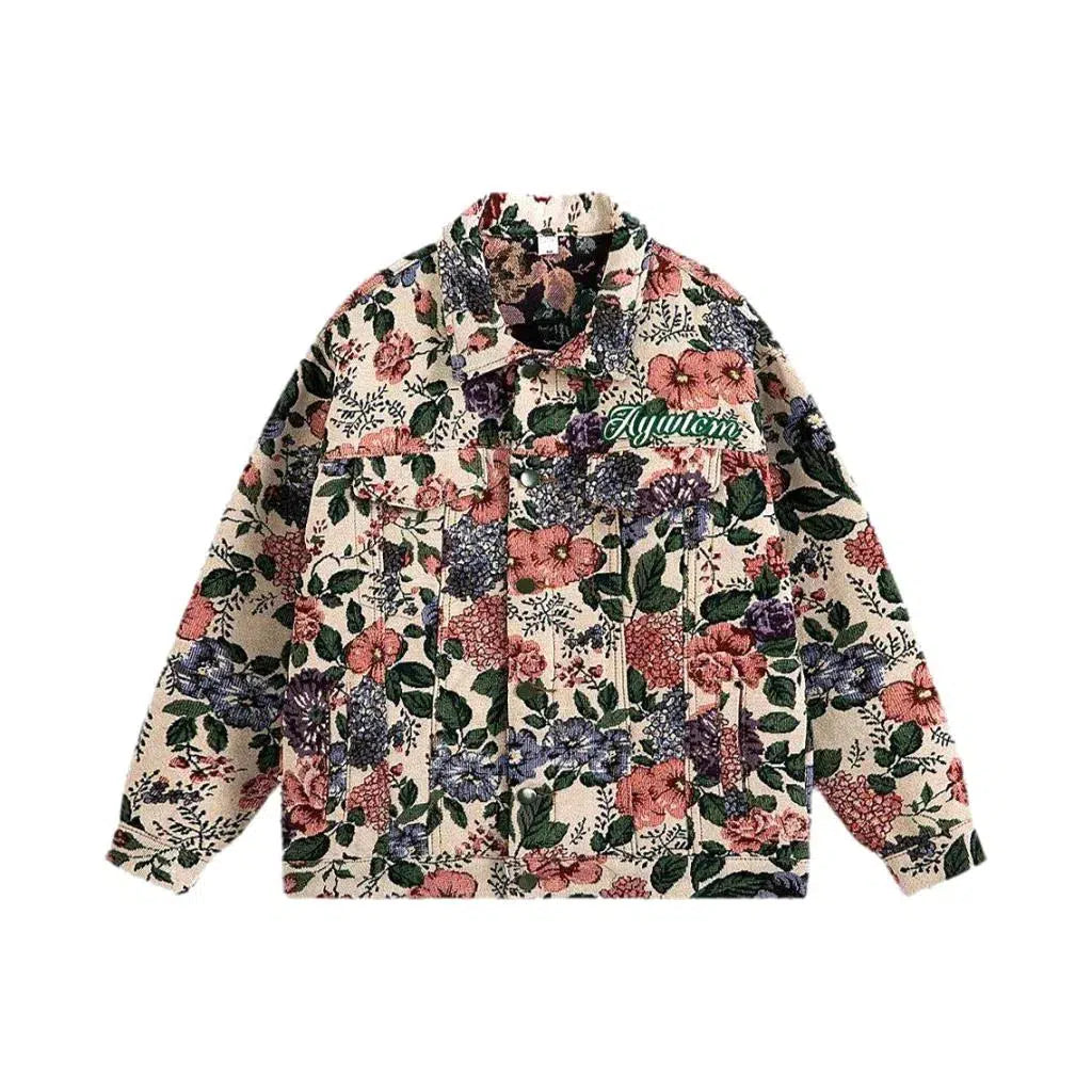 Flowery print boho men's jean jacket