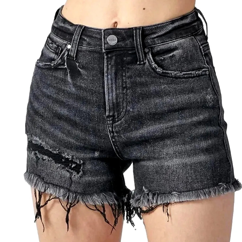 High-waist frayed-hem jeans shorts for women