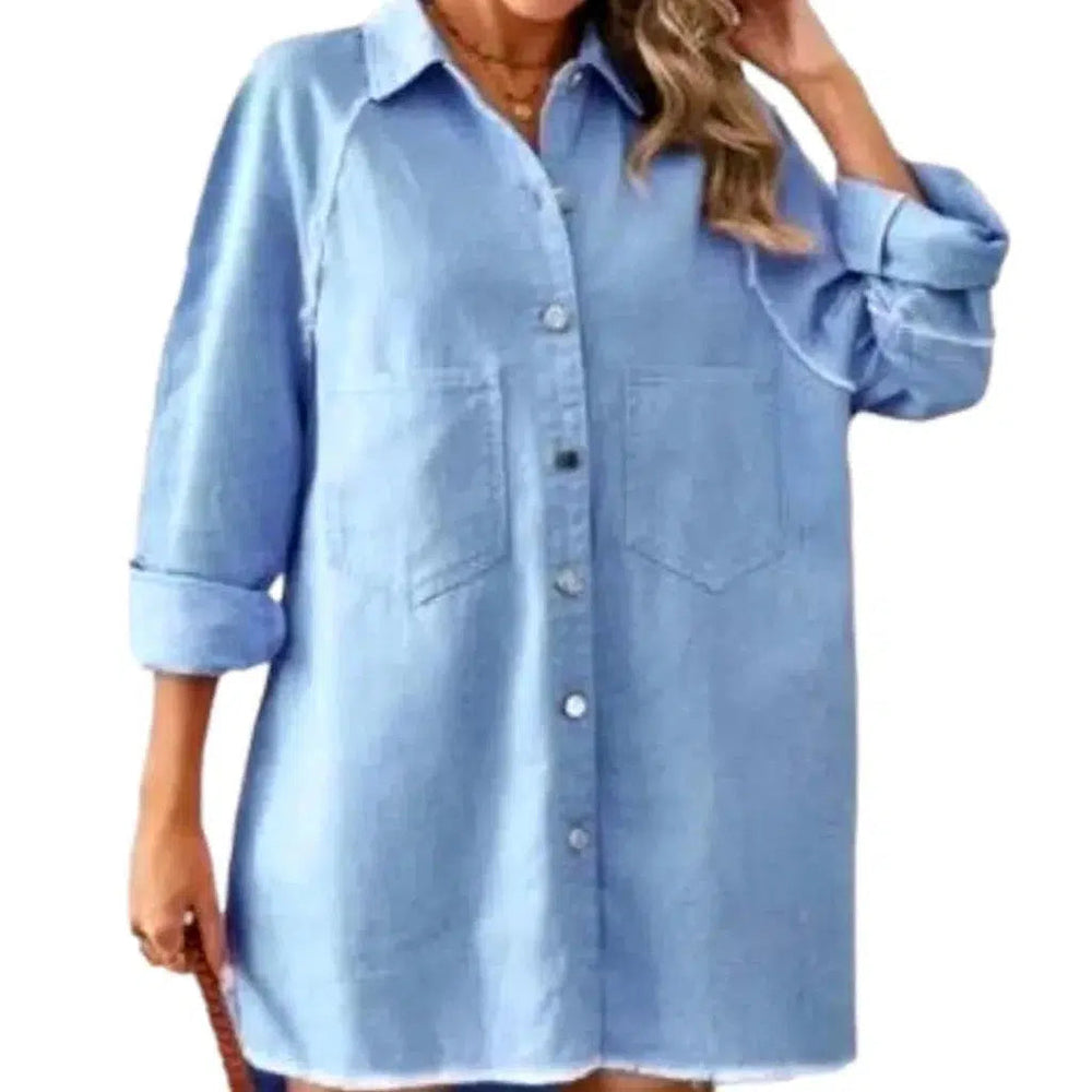 Knee-length Raw-hem Jean Dress - Light Blue