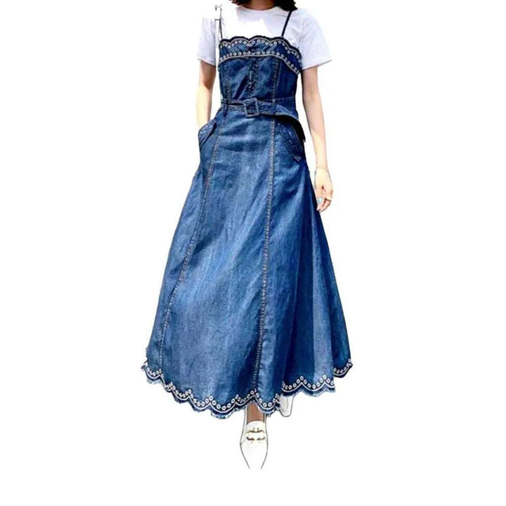 Laid-back Embroidered Denim Dress - Blue