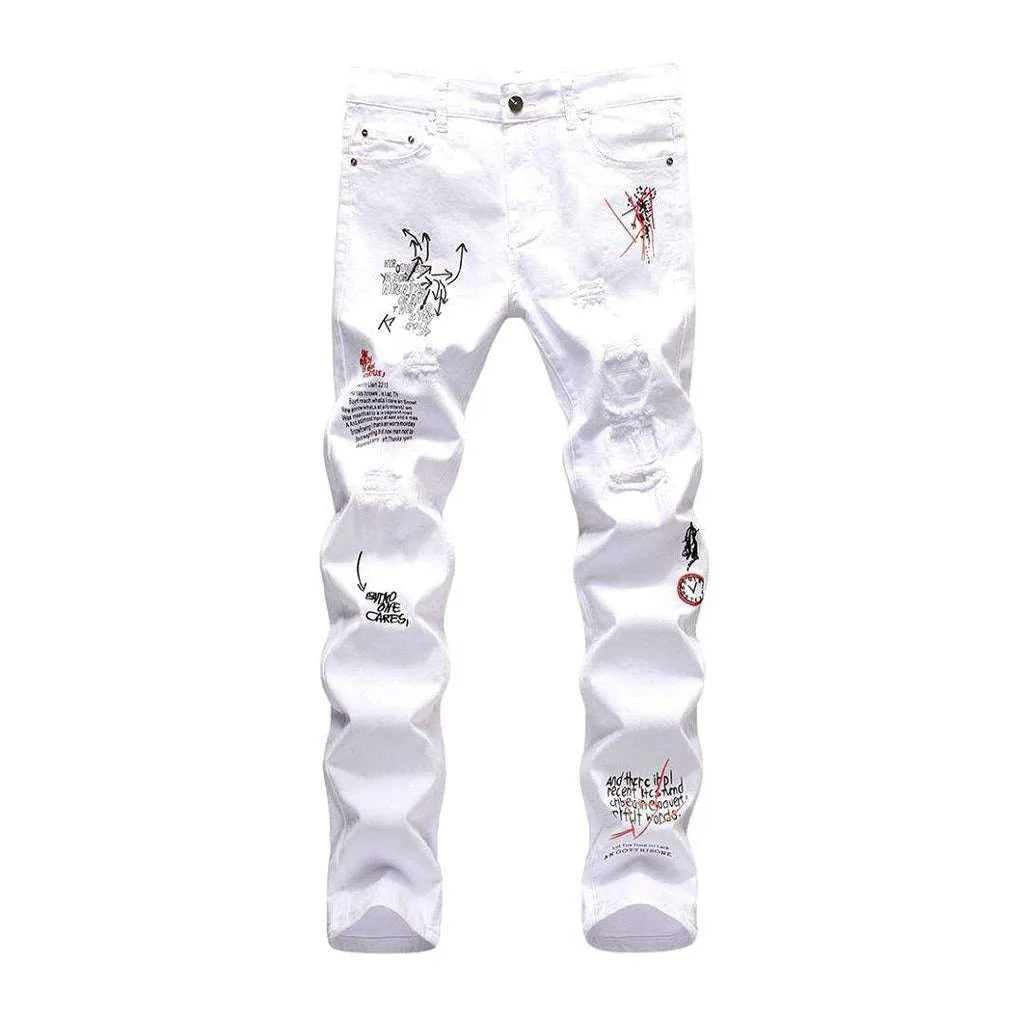 Letters print ripped men's jeans