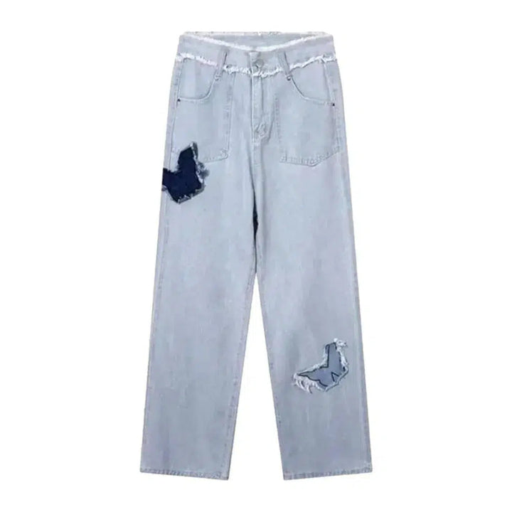 Light-wash butterfly-embroidery jeans