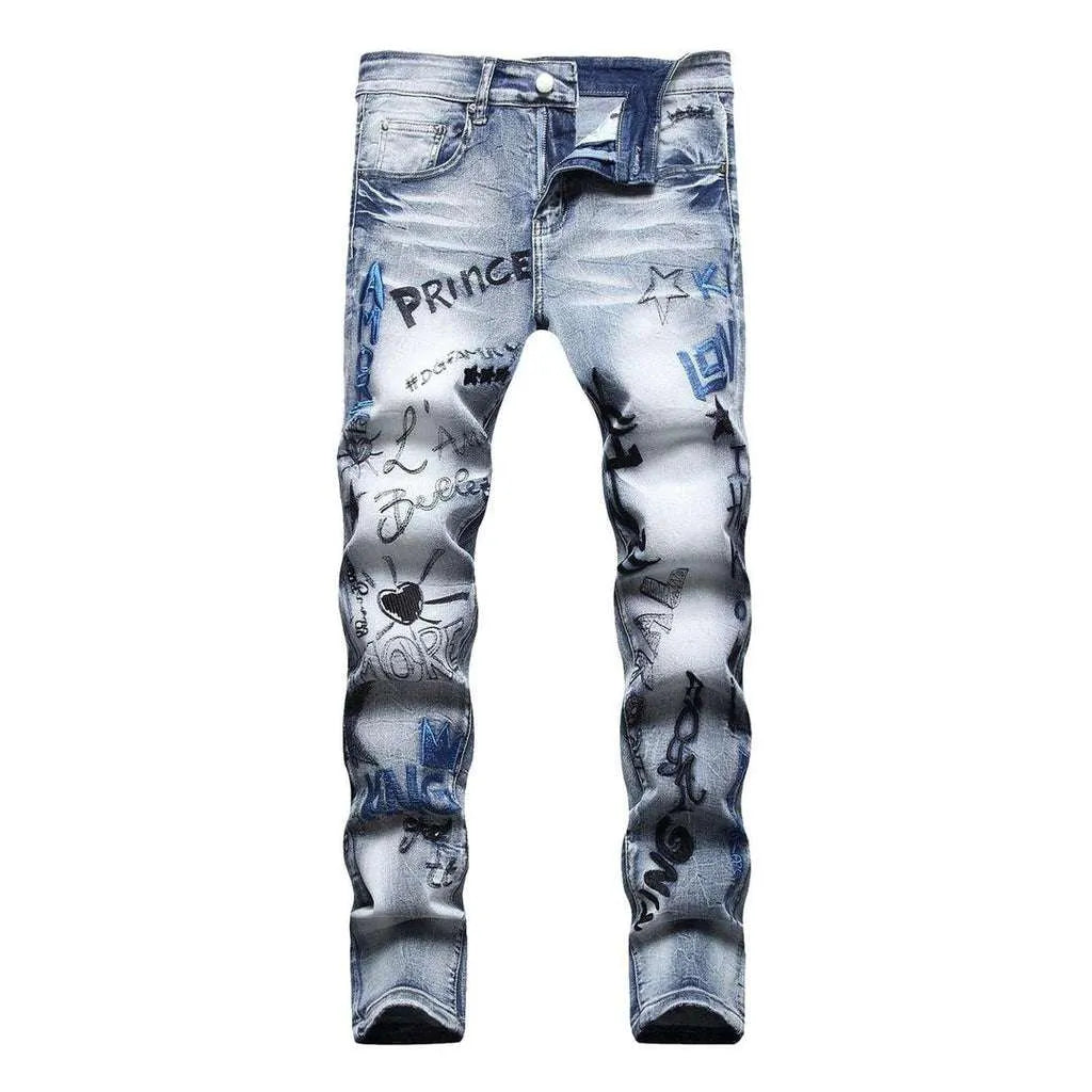 Light wash men's embroidered jeans