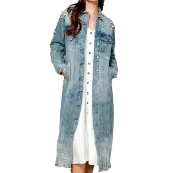 Long pearl denim jacket
 for women