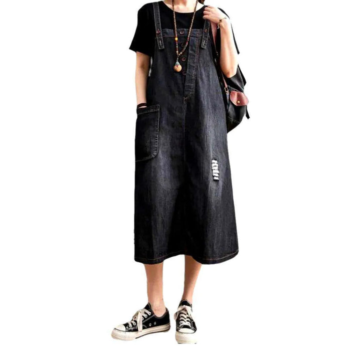 Long Vintage Street Denim Dress - Black