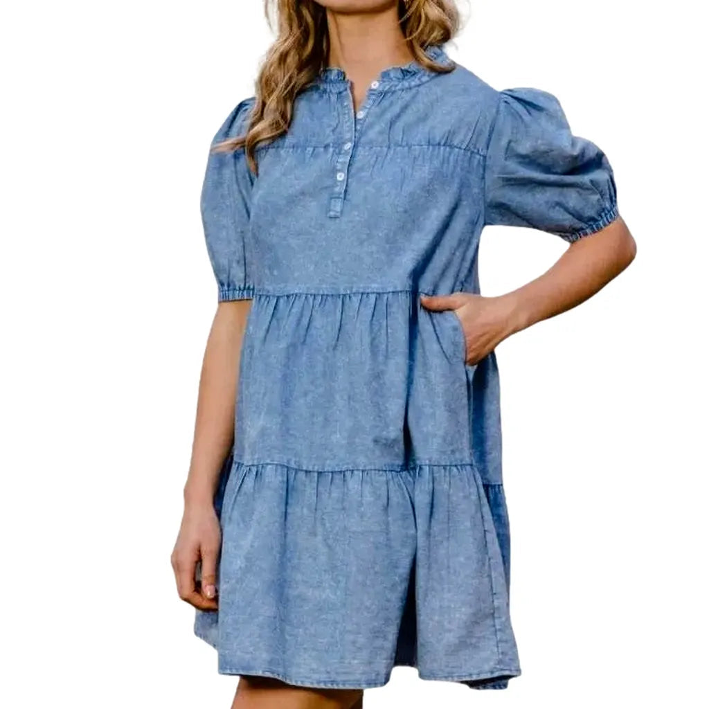 Loose Tiered Denim Dress - Light Blue