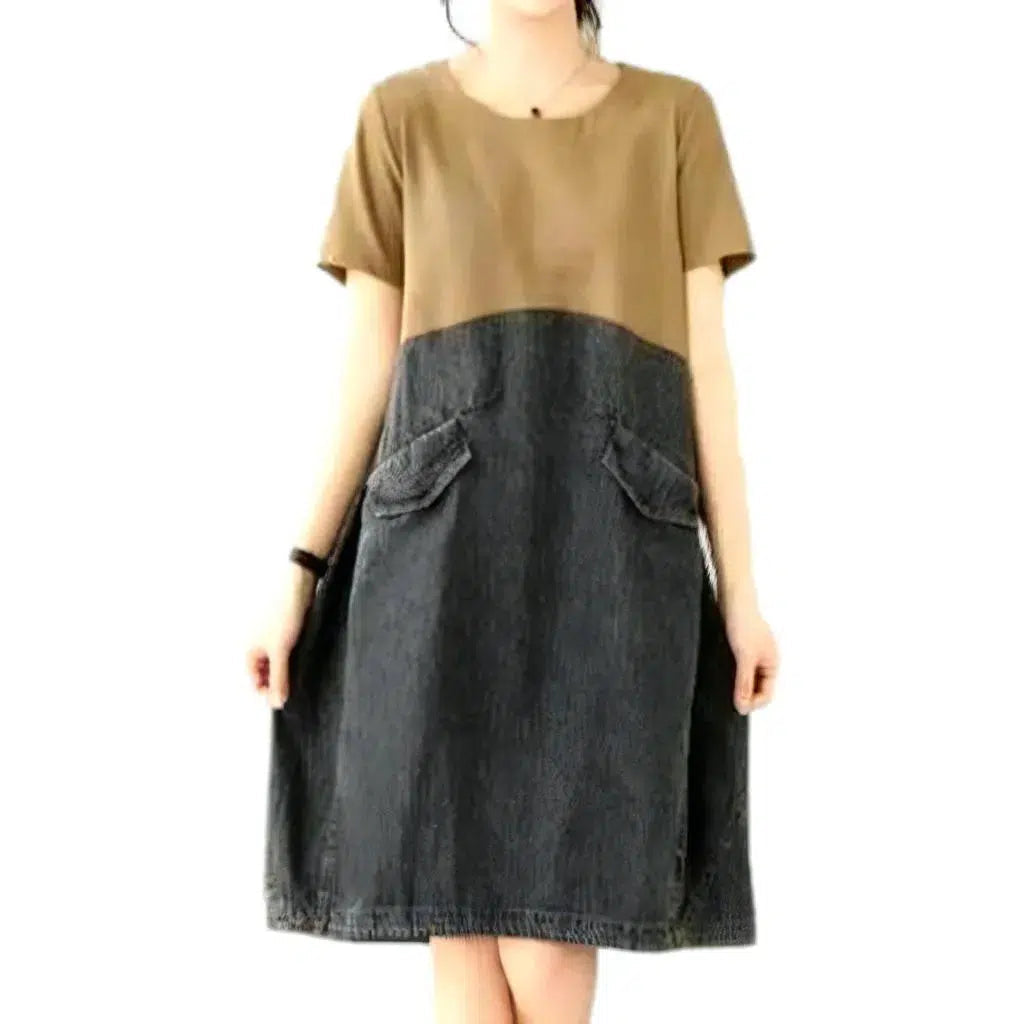 Mixed Fabrics Denim Dress - Sand