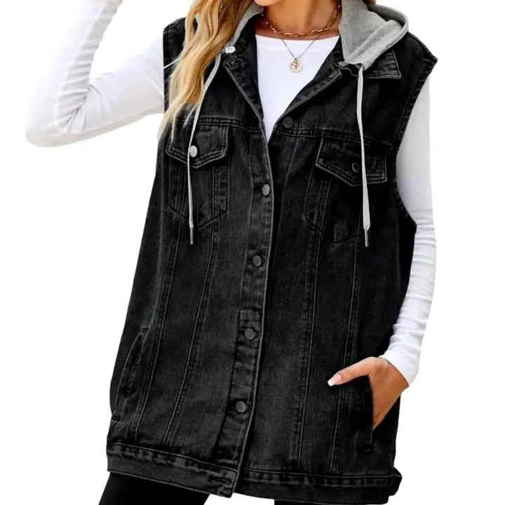 Mixed-fabrics hooded denim vest for women