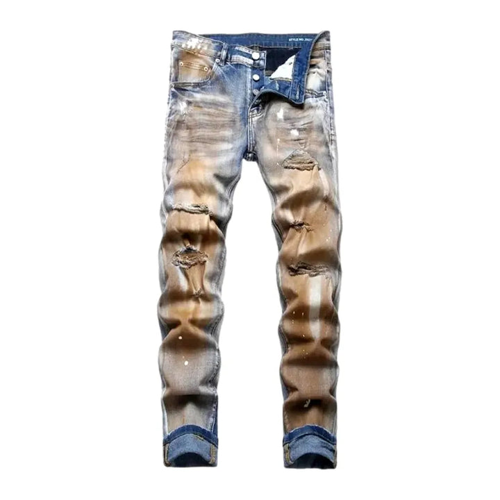 Painted brown-paint jeans
 for men
