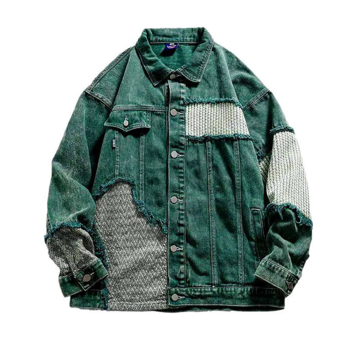 Patchwork green men's denim jacket