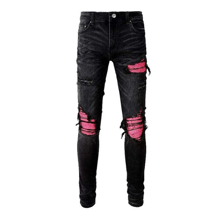 Pink patch men's biker jeans