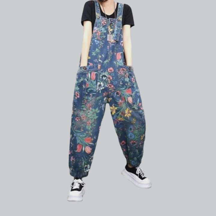 Floral print blue denim jumpsuit | Jeans4you.shop