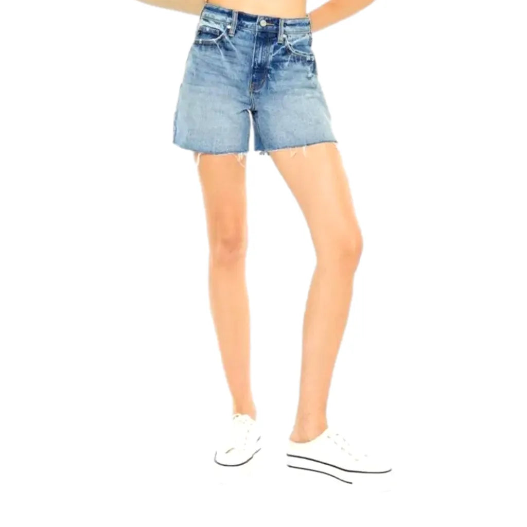 Raw-hem high-waist denim shorts for ladies