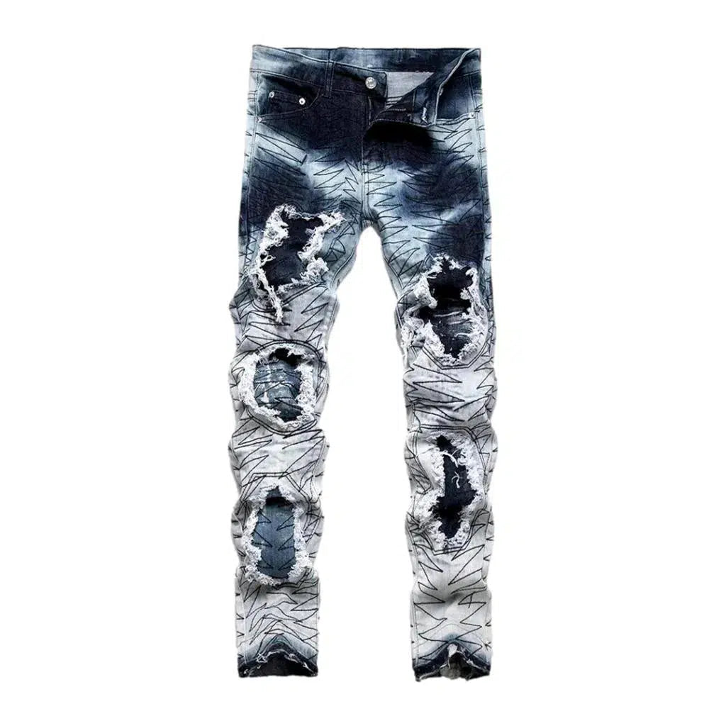 Raw-hem men's patched jeans