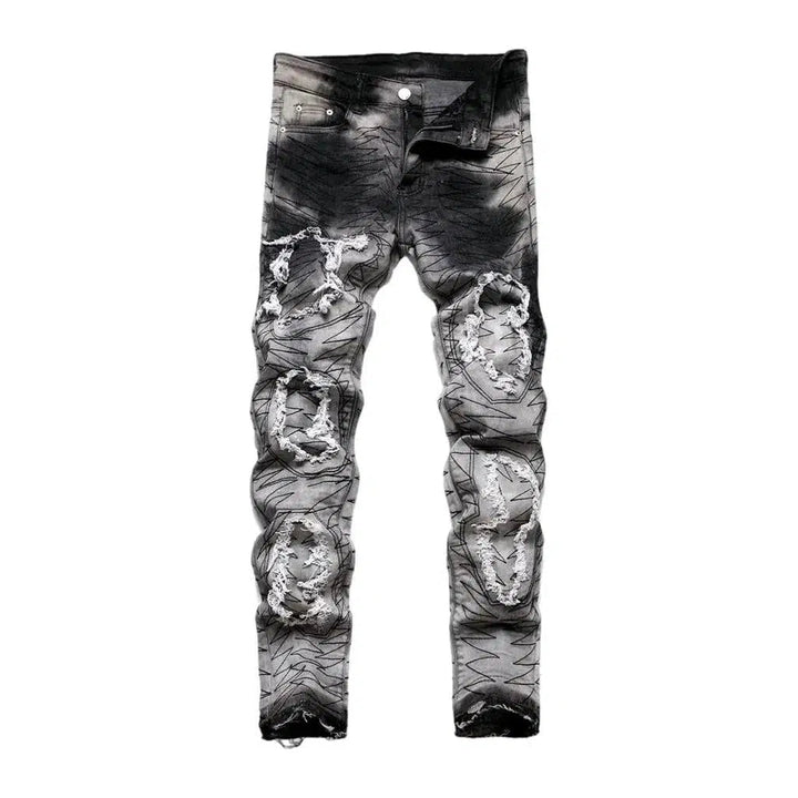 Raw-hem men's patched jeans