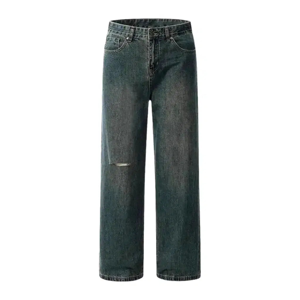 Ripped-knee men's sanded jeans