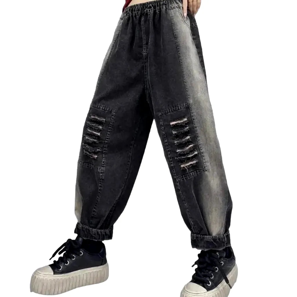 Side-bands distressed denim pants
 for ladies