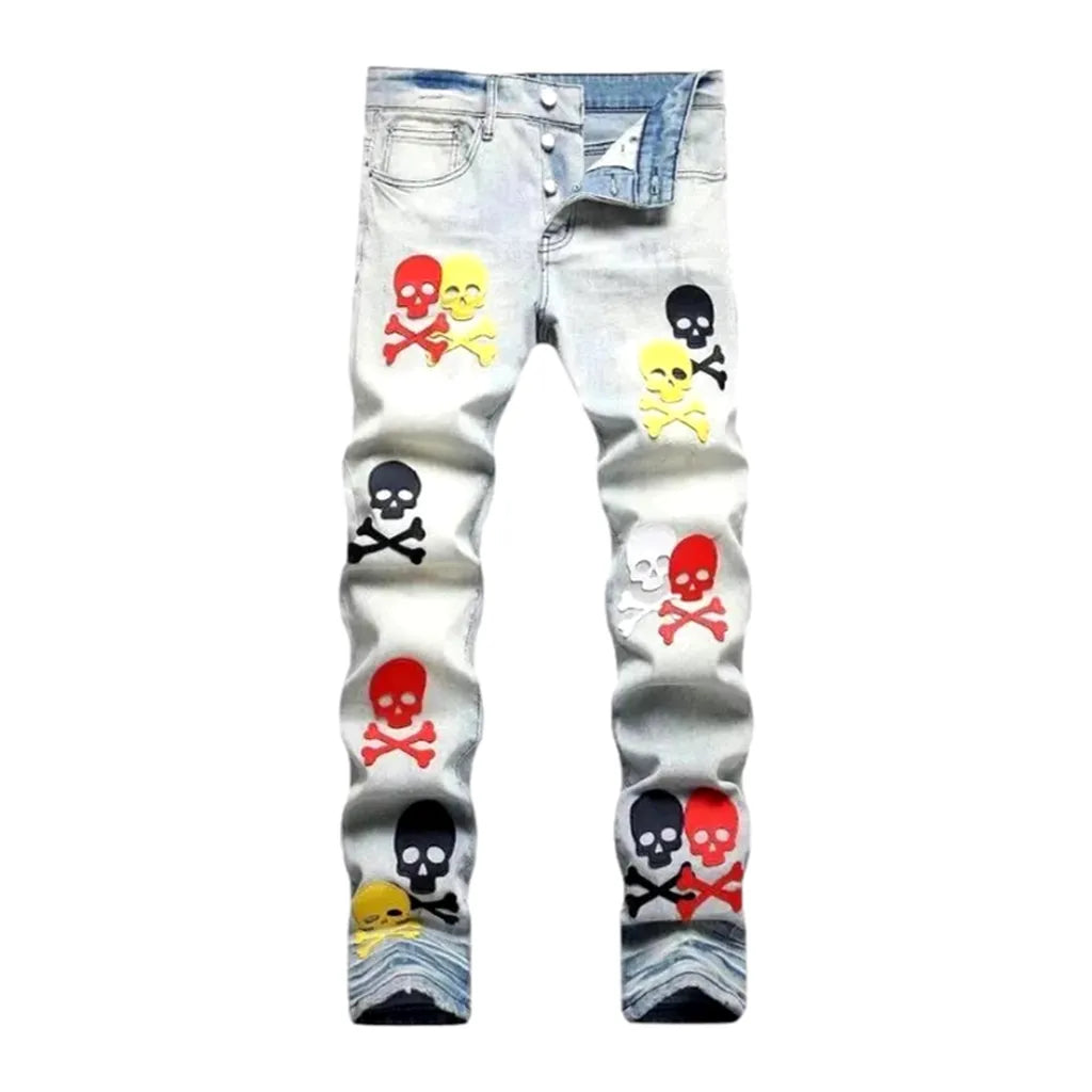 Skull-embroidery mid-waist jeans for men