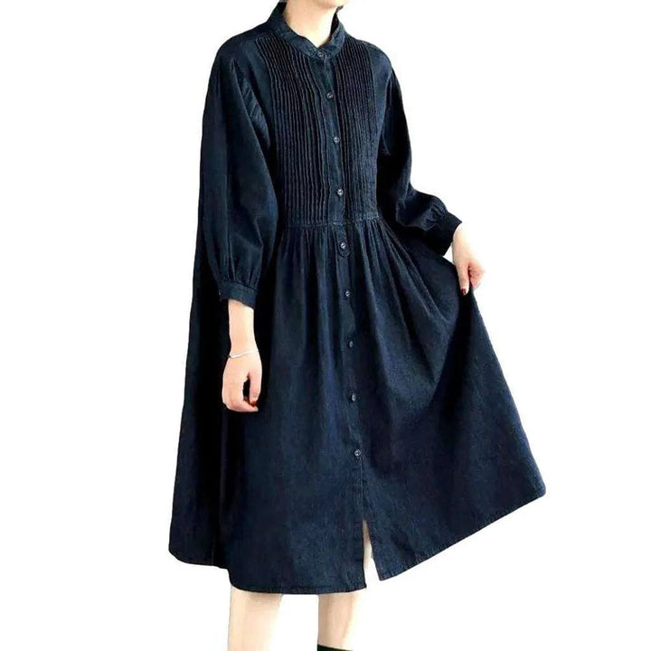 Stonewashed Caftan Style Denim Dress - Dark Blue