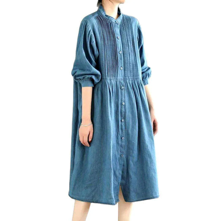 Stonewashed Caftan Style Denim Dress - Light Blue