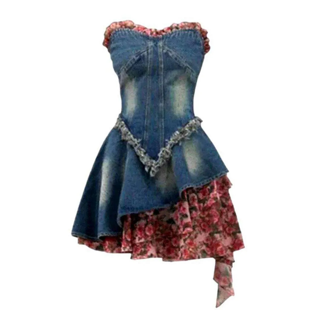 Strapless Fashion Patchwork Denim Dress - Blue