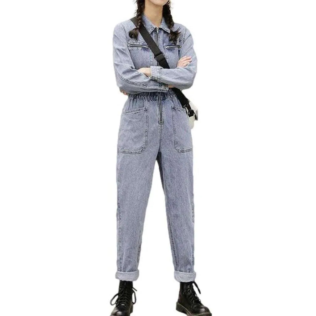 Stylish Bleached Women's Jean Jumpsuit - Light Blue