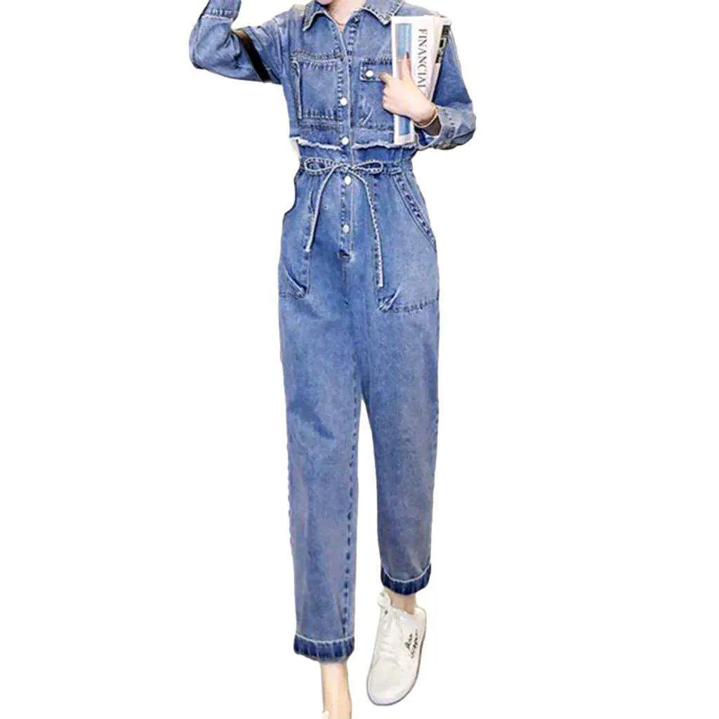 Embroidered Street Style Jean Jumpsuit for Women - Light Blue