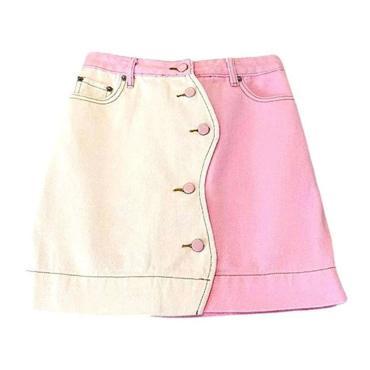 Two-tone patchwork pink denim skirt