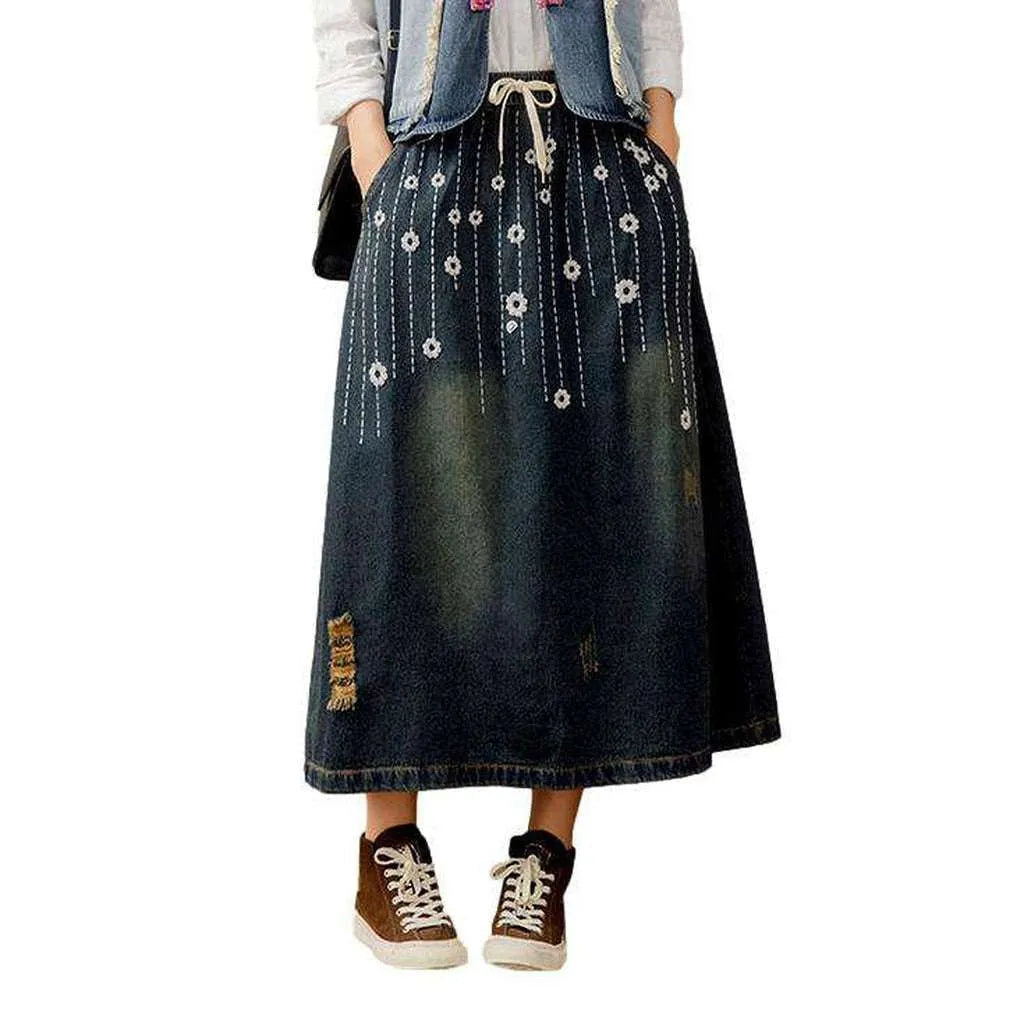 Urban embroidery long denim skirt