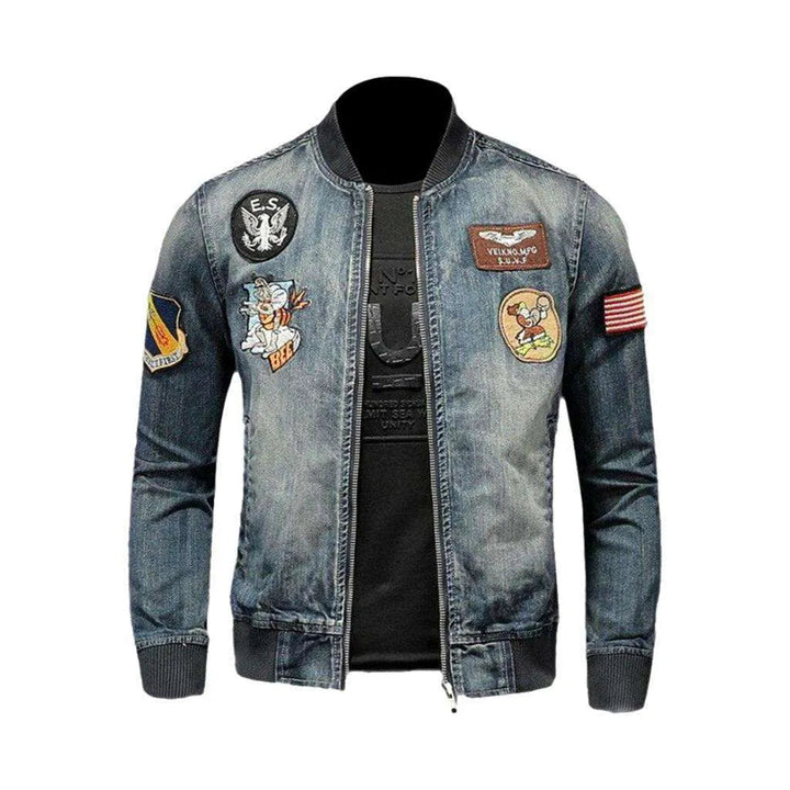 Vintage bomber patched denim jacket