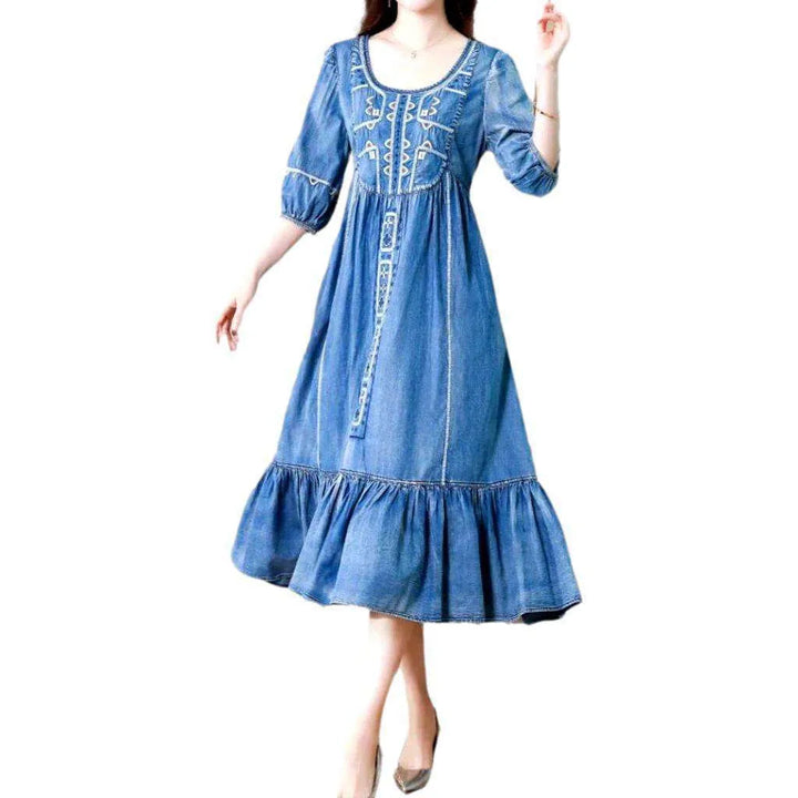 Vintage Ornamented Boho Jean Dress - Light Blue