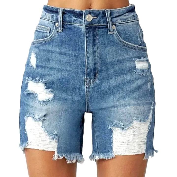 Whiskered high-waist women's denim shorts