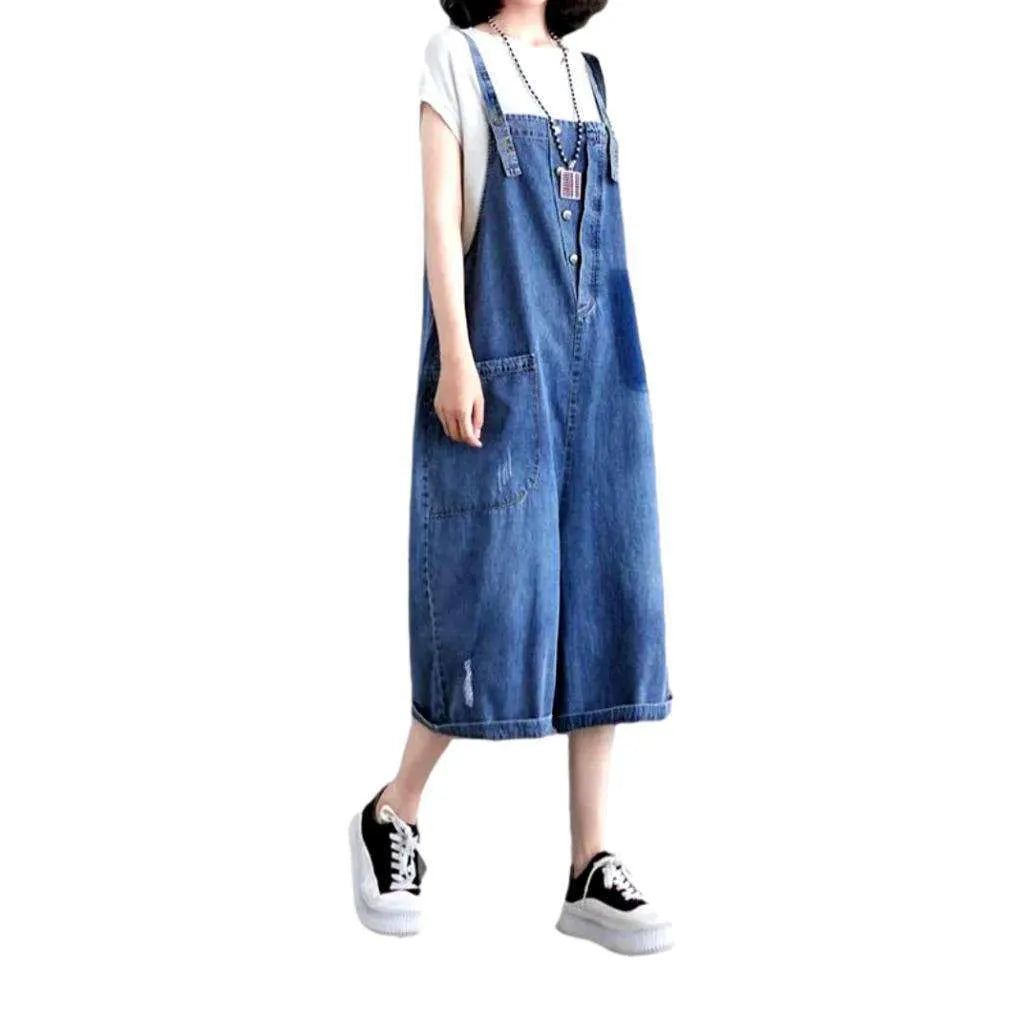 Women's Baggy Knee-length Jeans Overall - Blue