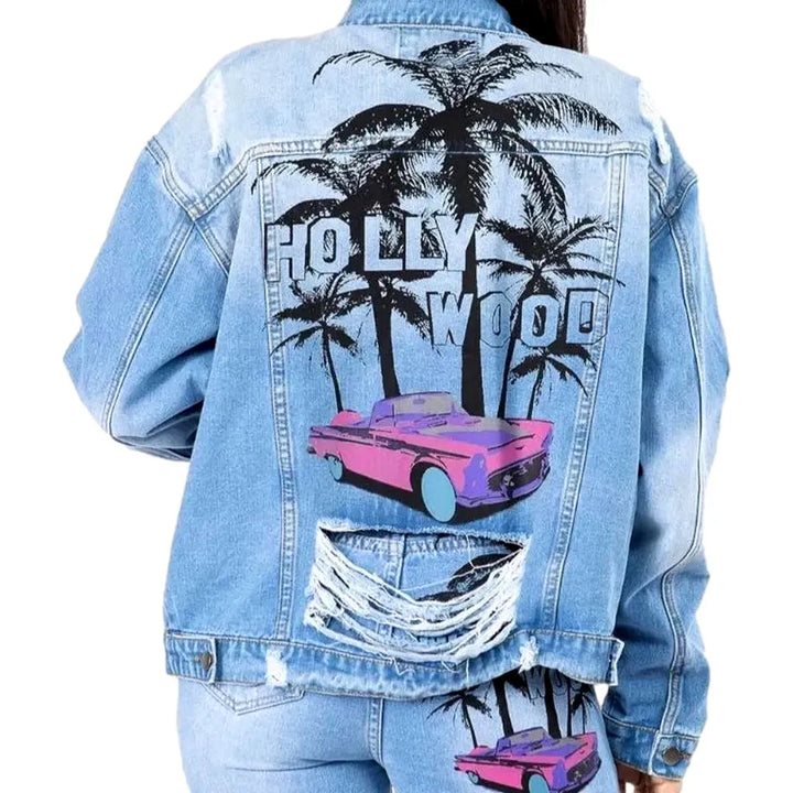 Y2k palms-print denim jacket for ladies